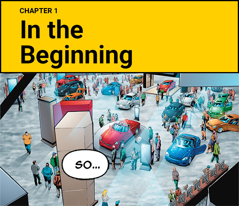 Chapter 1 title card In the Beginning above a crowded indoor auto show floor.