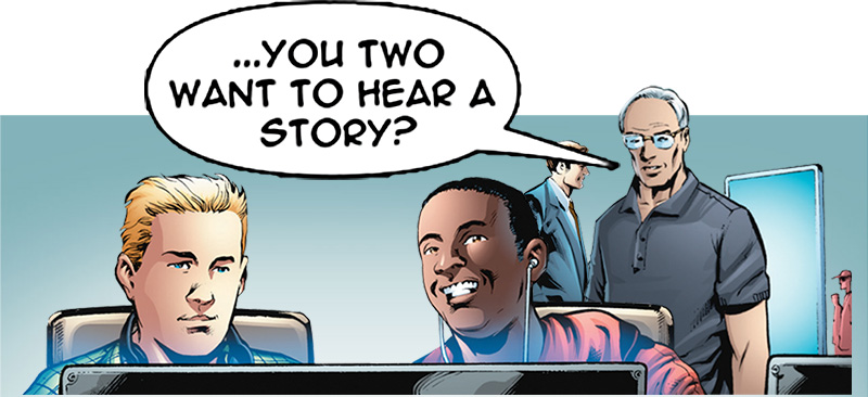 Older man asks two coworkers if they want to hear a story.
