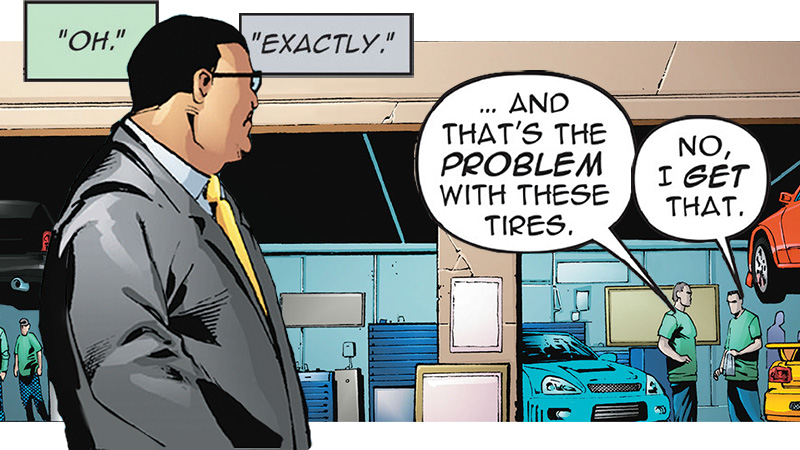 Shop workers discuss why tires are not selling.