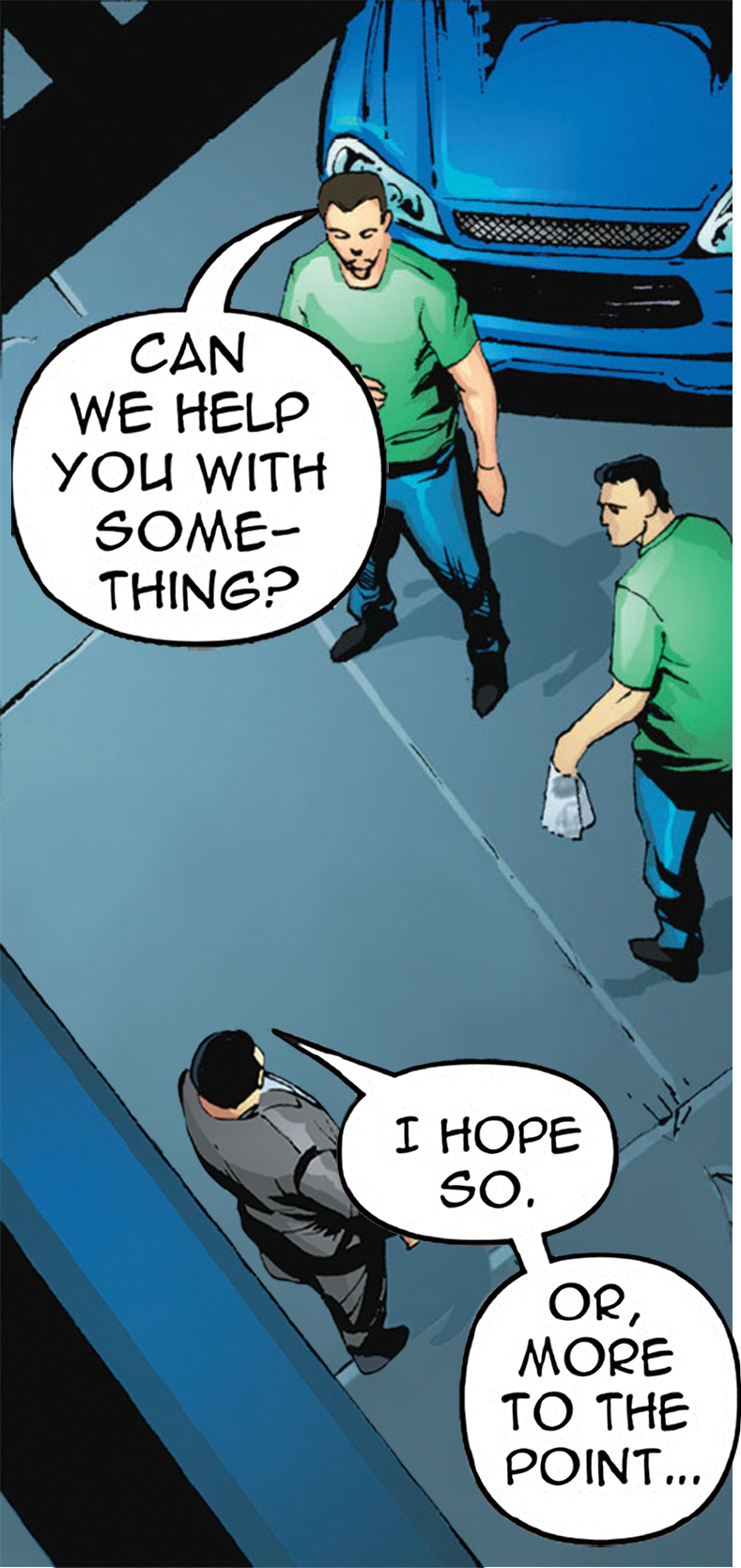 Mizutani steps into a tire shop conversation.