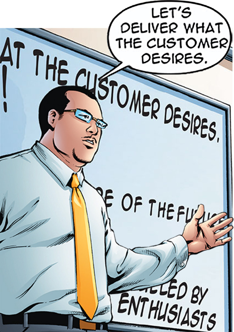 Leader points to customer-first whiteboard message.