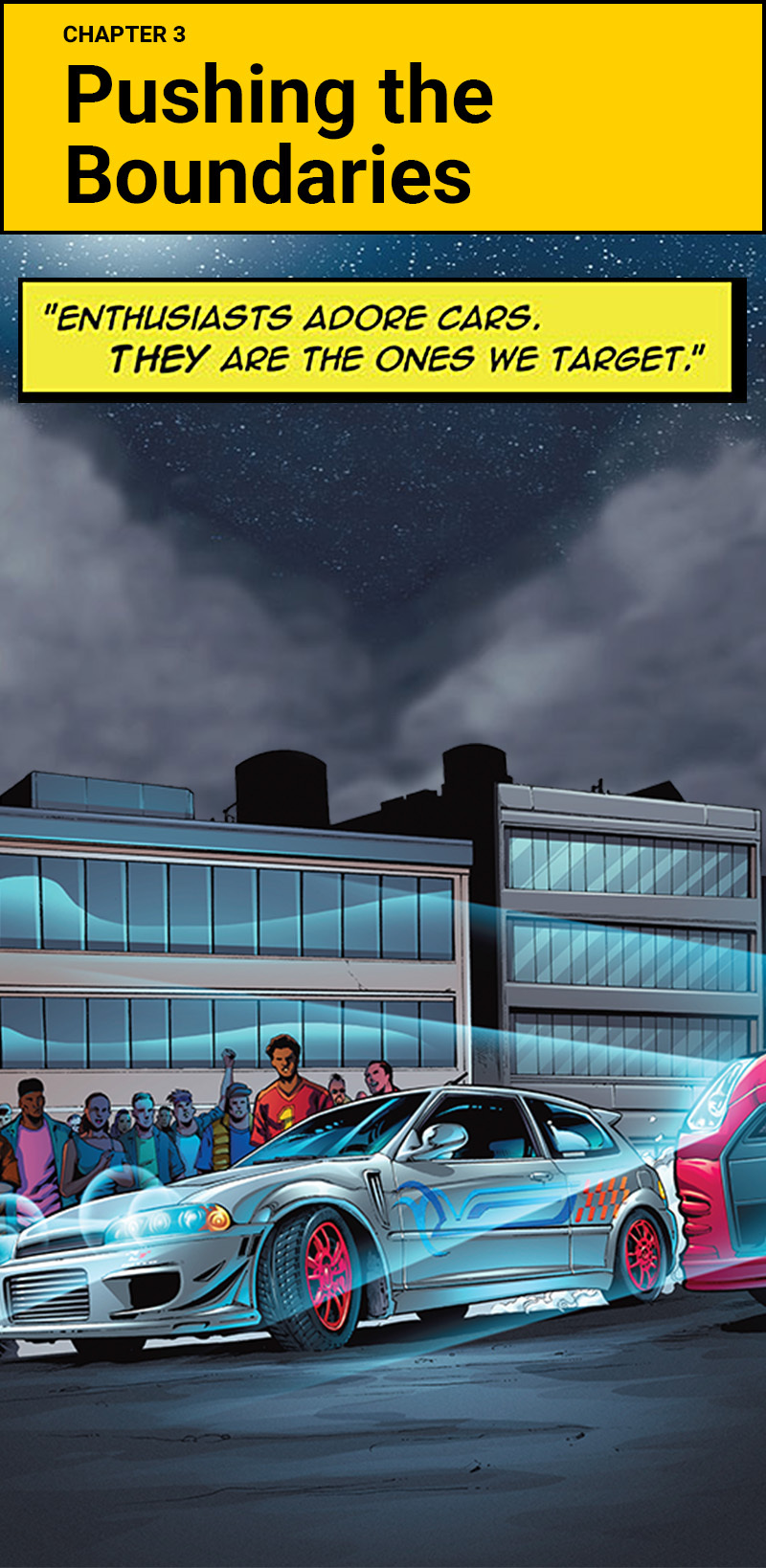 Chapter 3 title card Pushing the Boundaries over a night car meet.