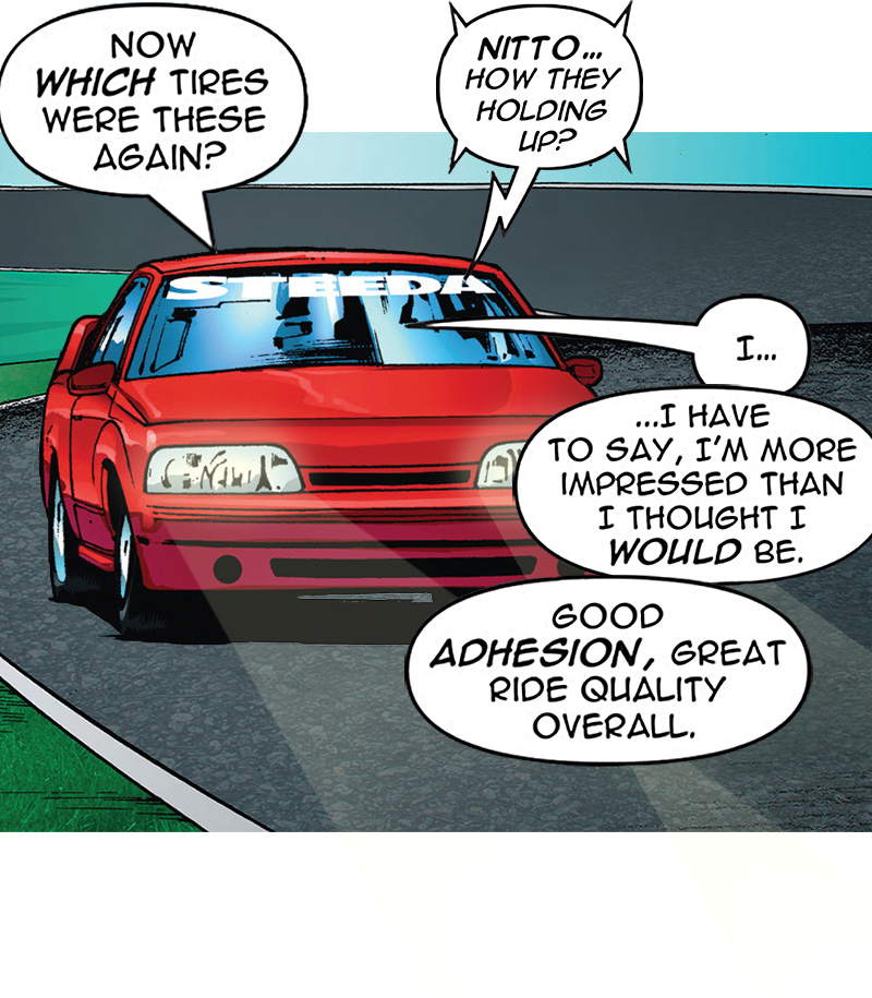 Red test car earns surprised Nitto tire praise.