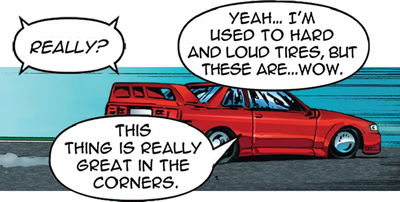 Driver praises red car's cornering performance.