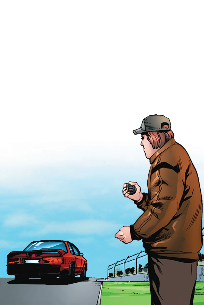 Trackside observer watches red car testing.