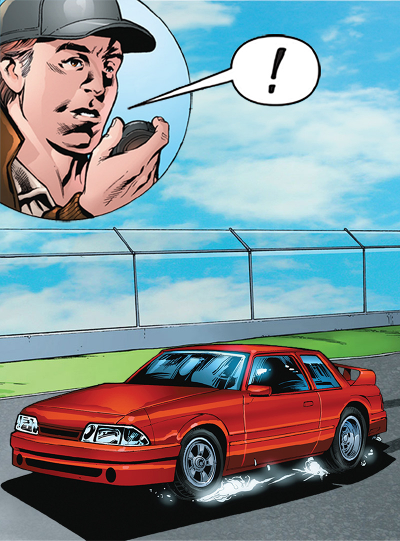 Observer reacts to red car's tire grip.