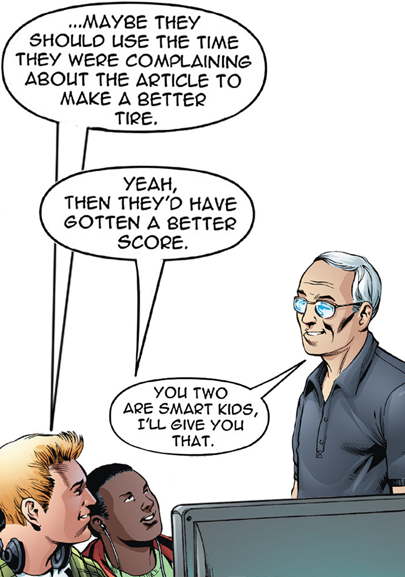 Older man jokes competitors should improve tires.