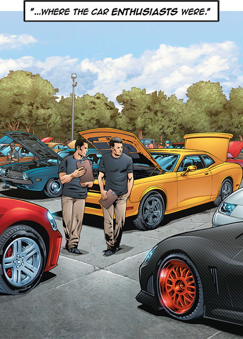 Two men walk through crowded enthusiast car show.