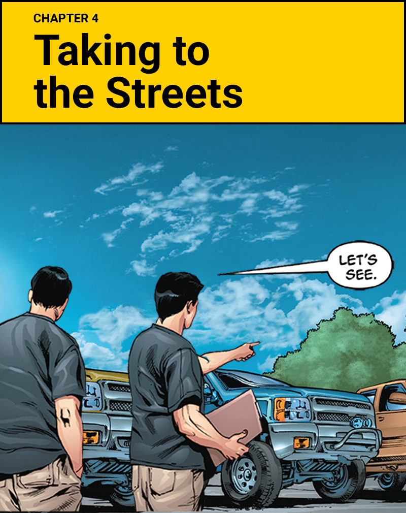 Chapter 4 title card Taking to the Streets with a truck show inspection scene.