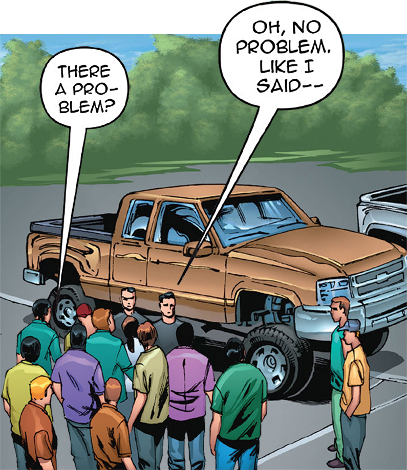 Crowd gathers around truck tire conversation.