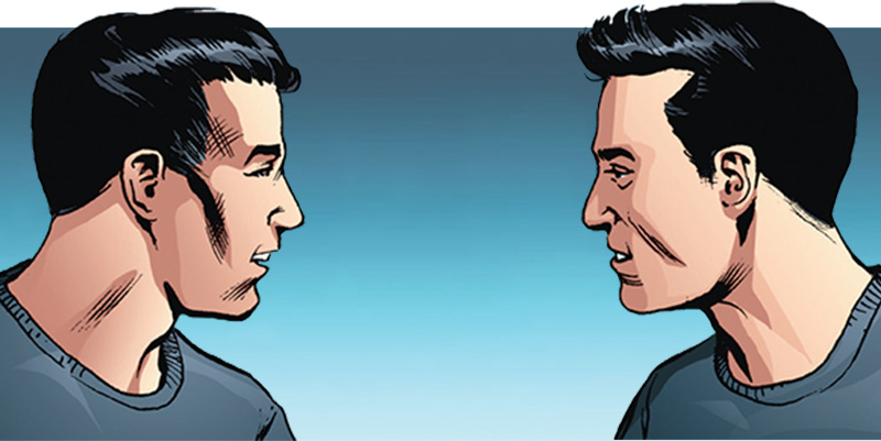 Two men face each other in tense pause.