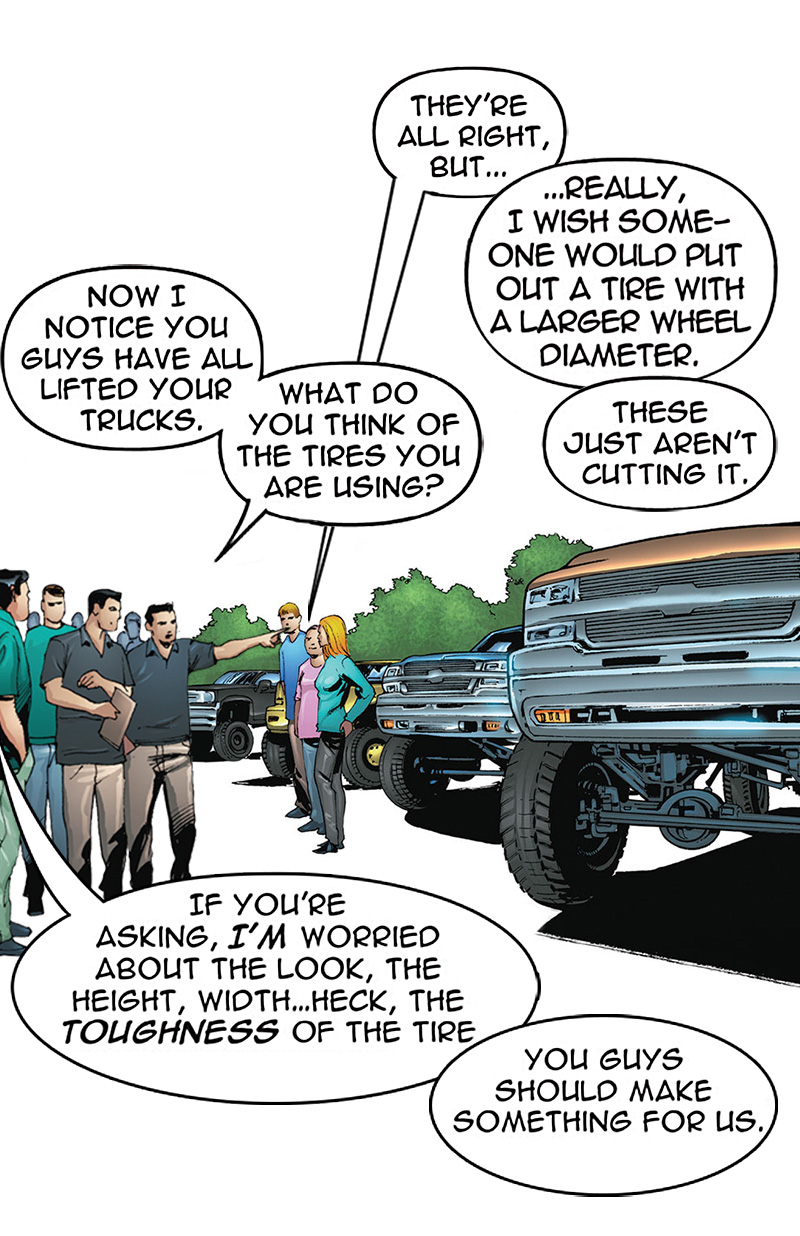 Lifted truck owners describe tire size problems.