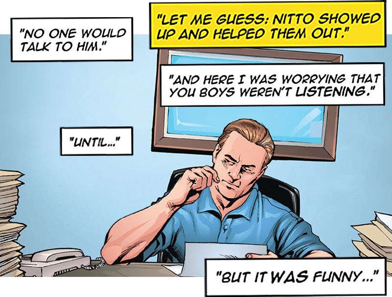 Older narrator reflects on Nitto helping underdogs.