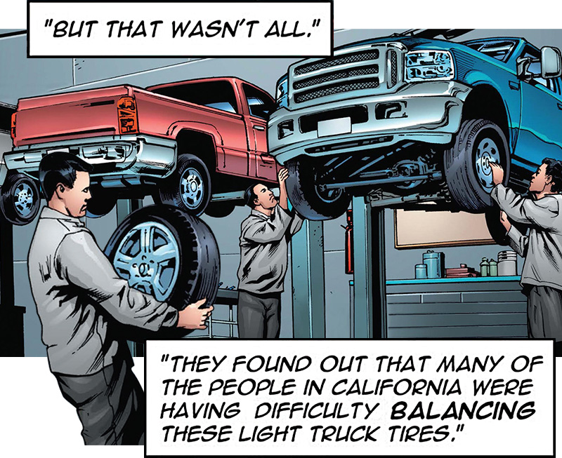 Technician examines tire balancing problem on lifted truck.