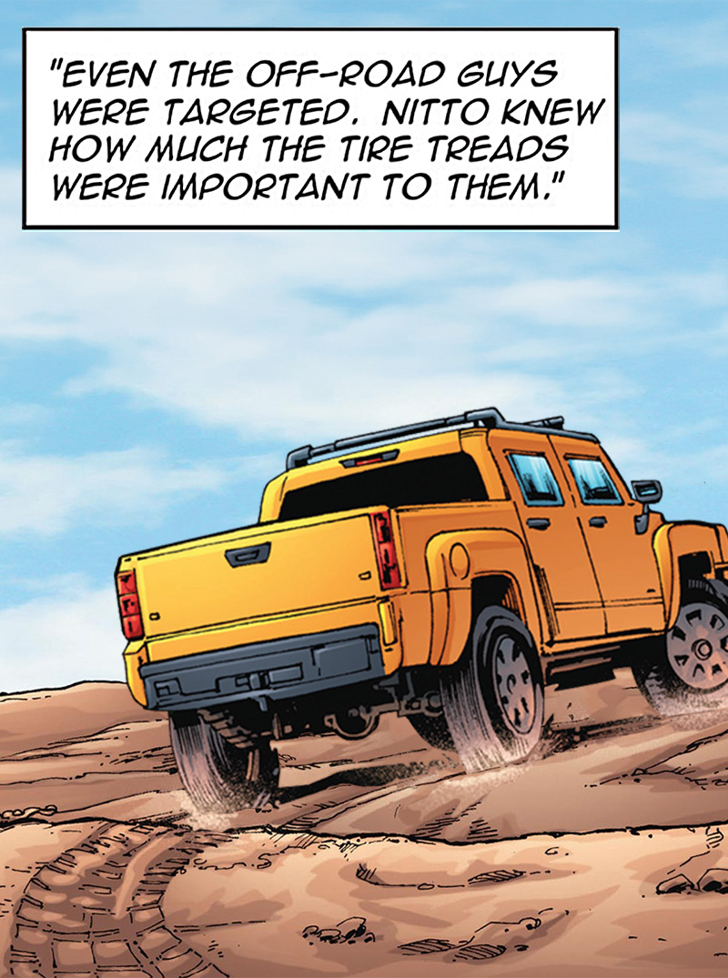 Yellow off-road truck kicks dust through desert.