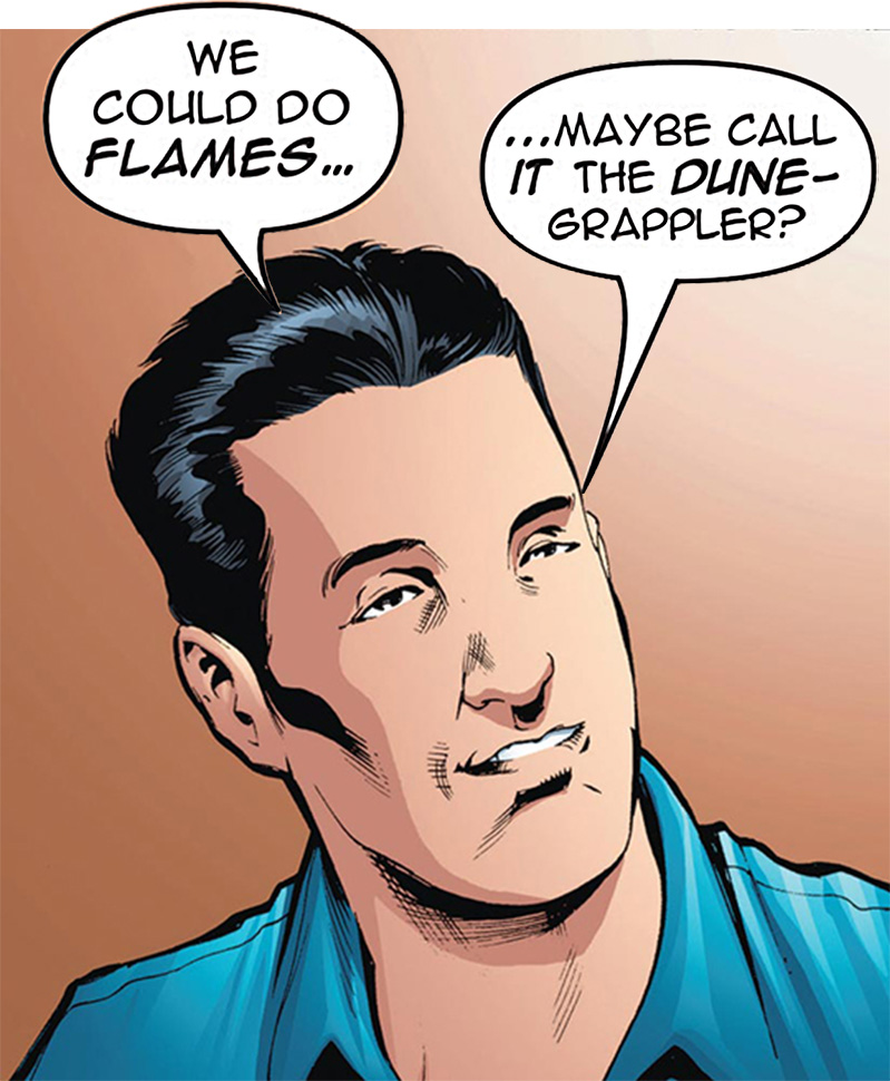 Designer brainstorms flames and Dune Grappler name.