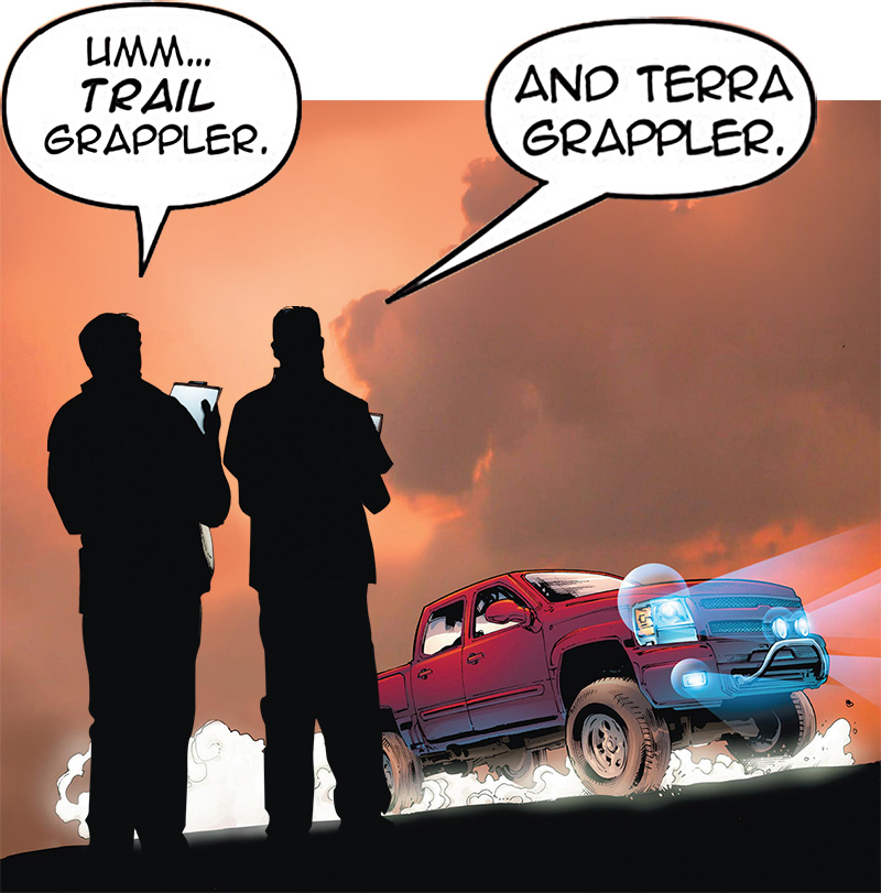 Silhouetted team repeats Grappler tire names at sunset.