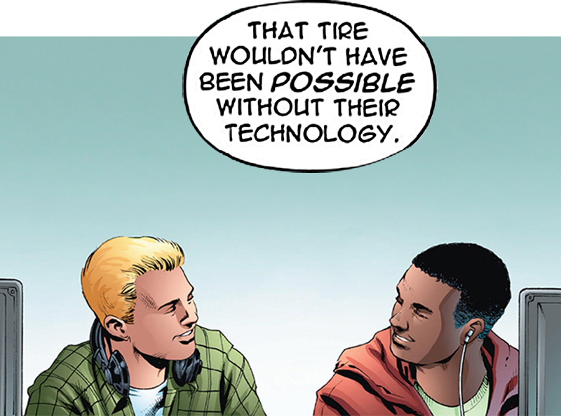 Two kids discuss Nitto tire technology.