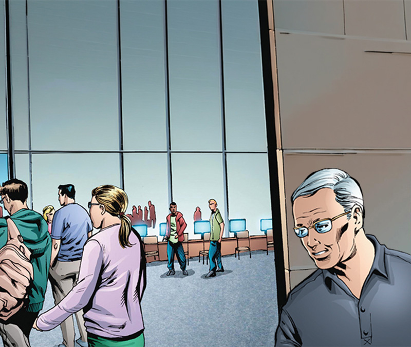 Older narrator stands in modern glass showroom.