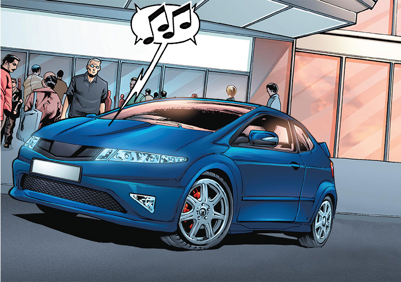 Blue performance car accelerates across dark pavement.