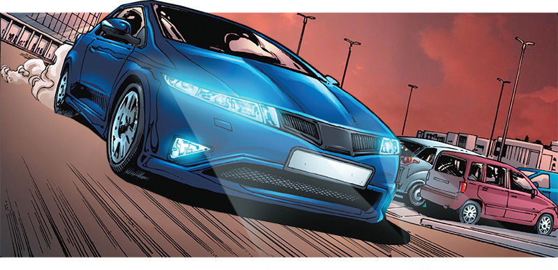 Blue race car attacks turn at speed.