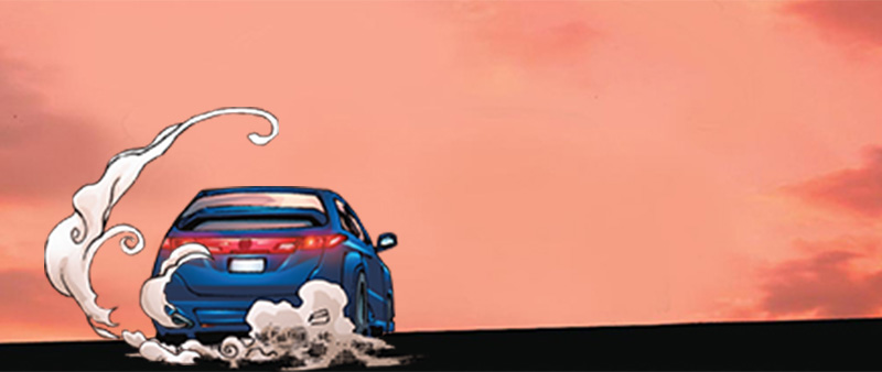 Blue car performs smoky acceleration at sunset.