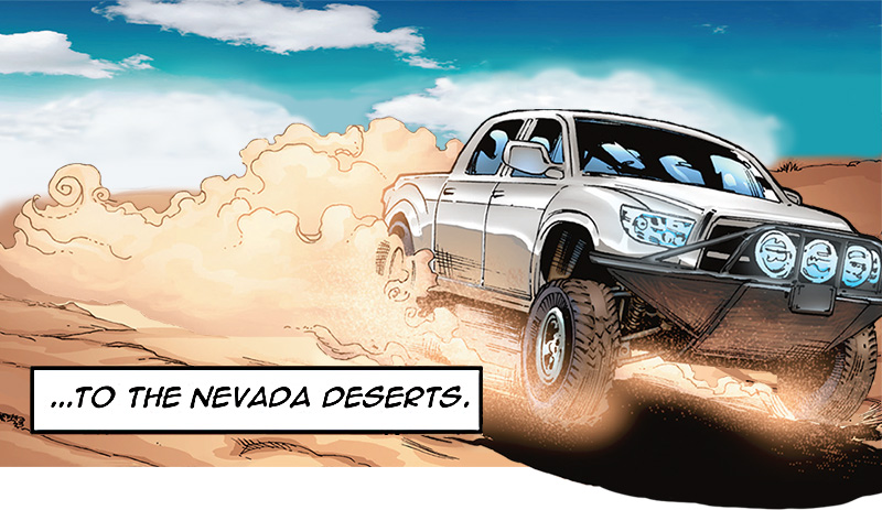 Off-road pickup charges across Nevada desert.