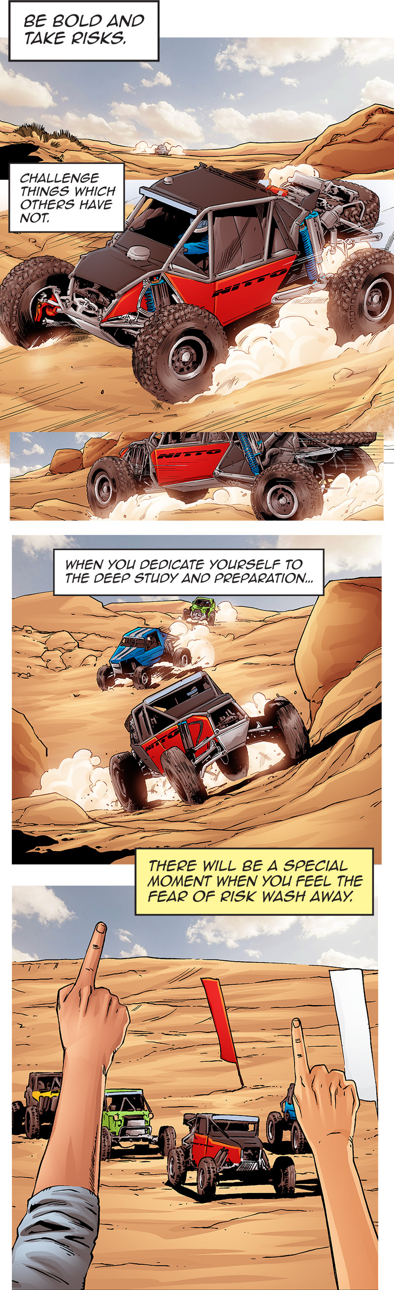 Off-road buggy takes risks in desert race.