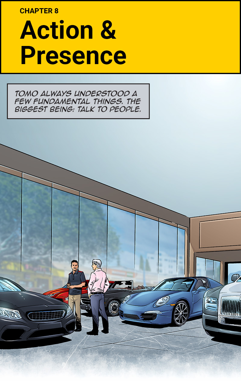 Chapter 8 title card Action and Presence above a luxury showroom conversation.
