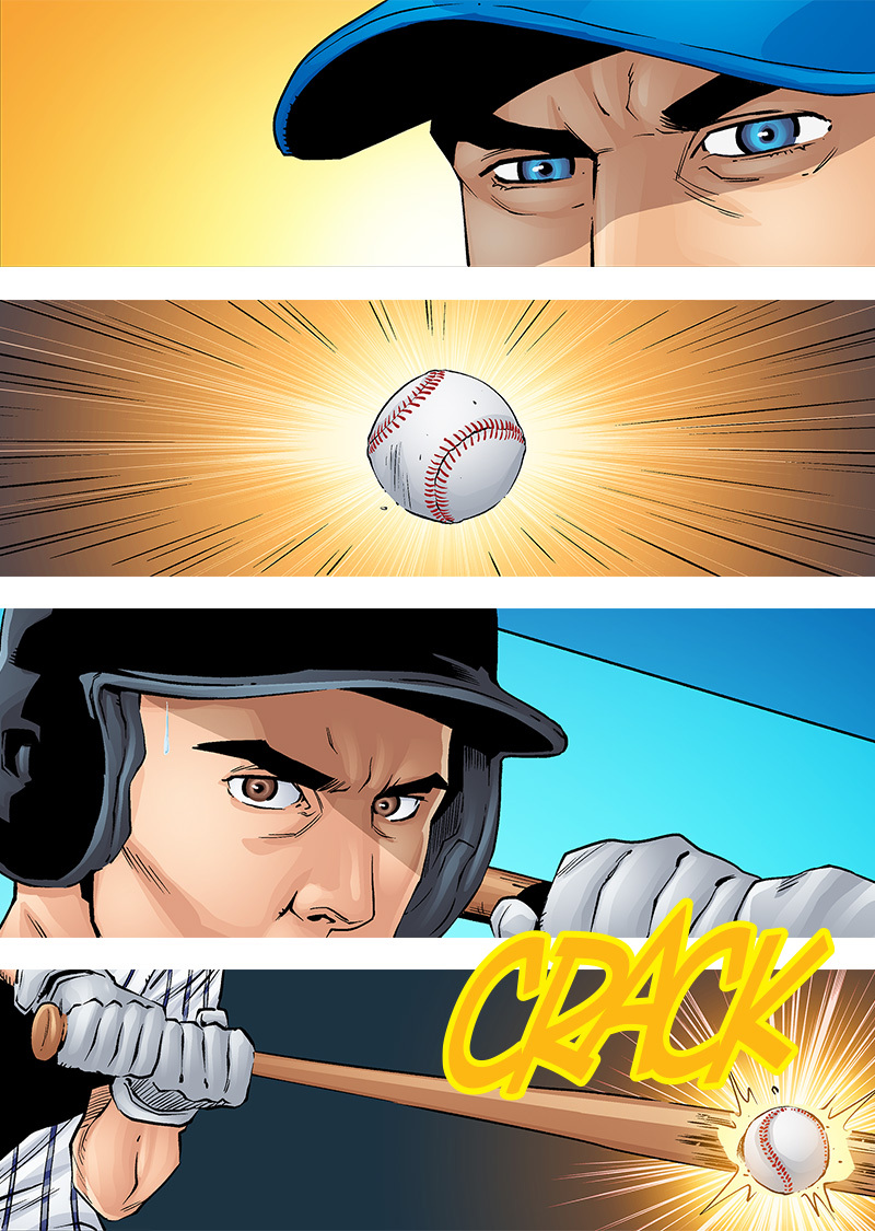 Baseball bat cracks ball into play.