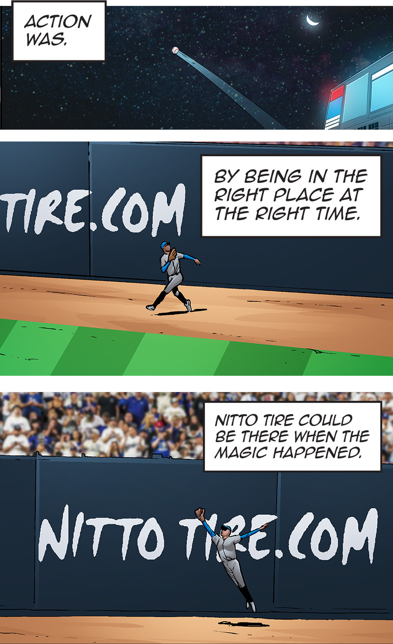 Outfielder leaps near Nitto Tire wall sign.