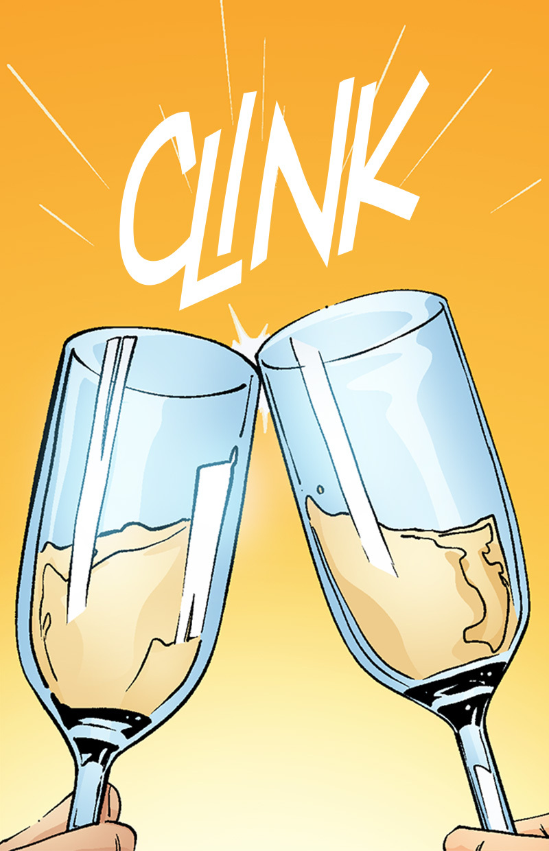 Champagne glasses clink in celebration.